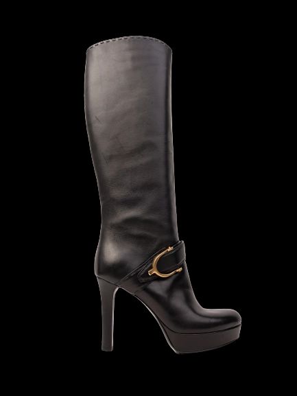 NEW Gucci Black High-Heeled Leather Knee-Length Boots Size 36