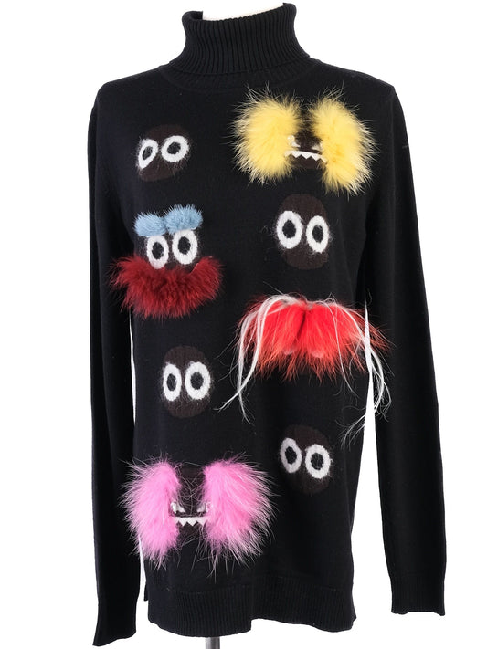 Fendi Black Wool Turtleneck Sweater M with Colorful Patches