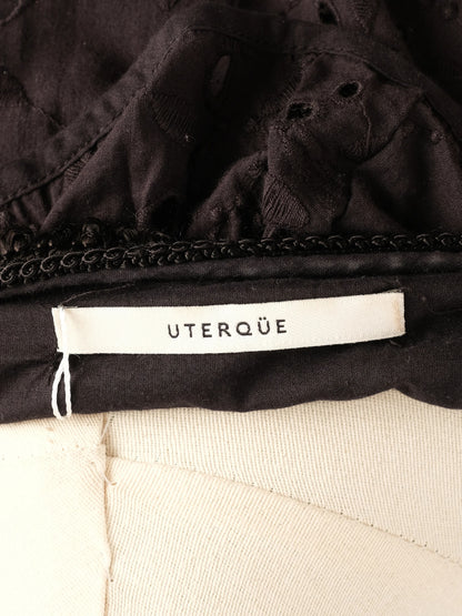 Excellent Uterque Black Cotton Dress M with Ruffle & Embroidery Details