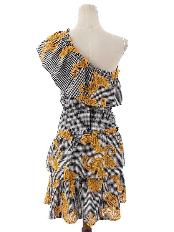 excellent sandro off-shoulder dress black white checkered floral embroidery