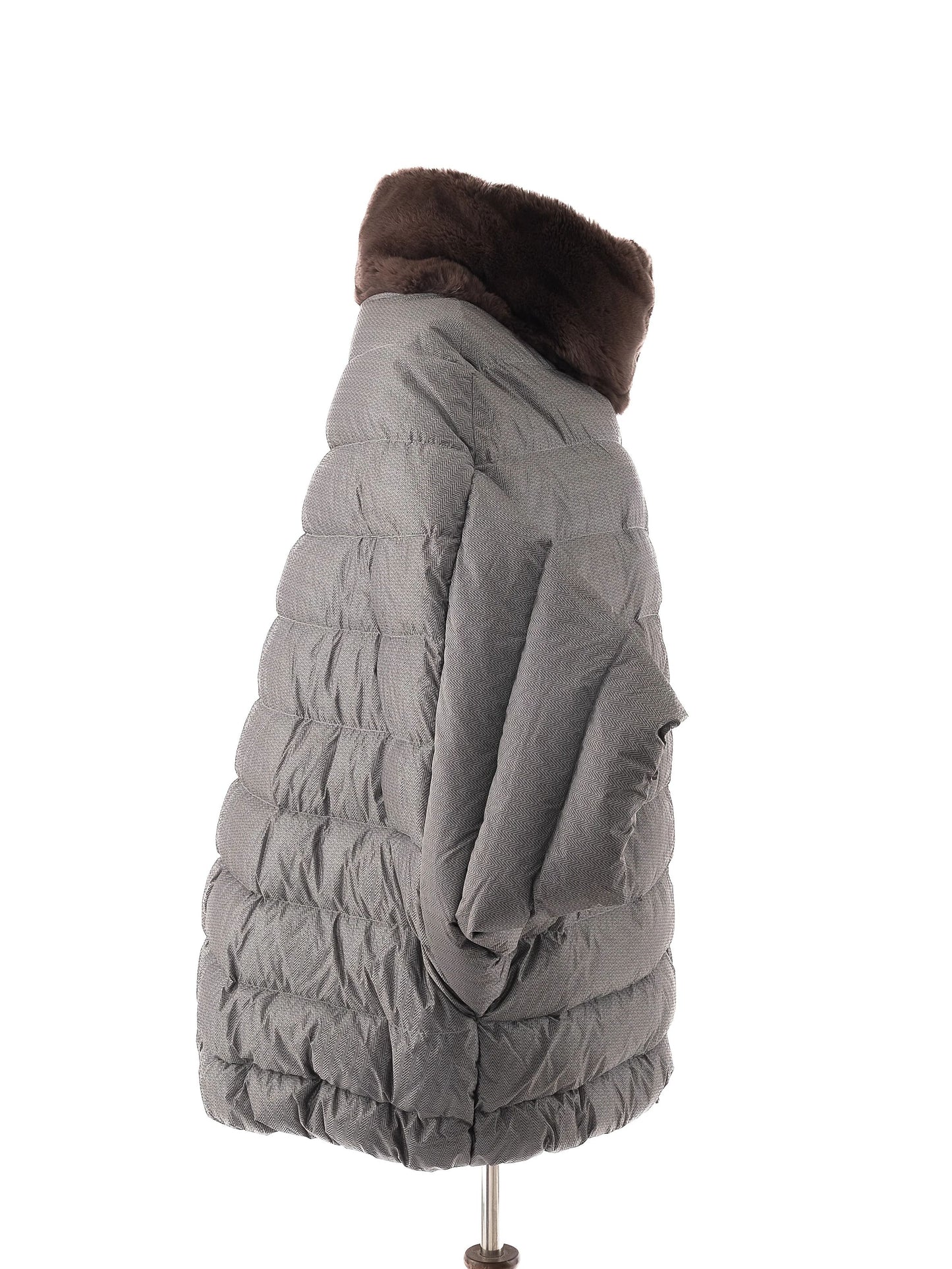 perfect odri gray nylon puffer jacket xl with brown fur collar