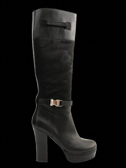 Excellent Prada Black Leather Heeled Knee-High Boots Size 35.5