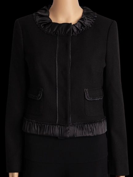 new maxco black viscose jacket with ruffled satin collar