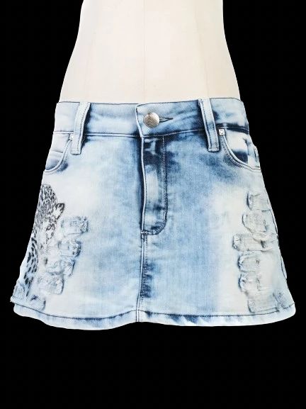 excellent roberto cavalli blue denim mini skirt with leopard print