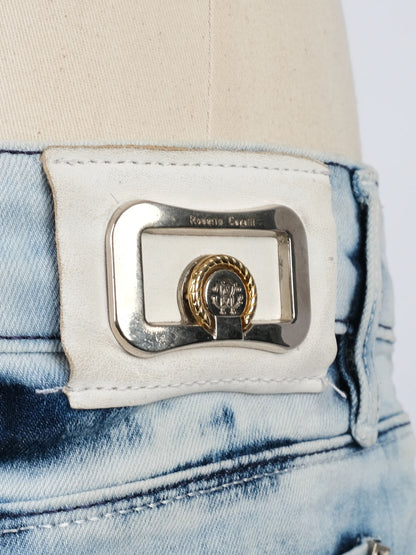 Excellent Roberto Cavalli Blue Denim Mini Skirt with Leopard Print