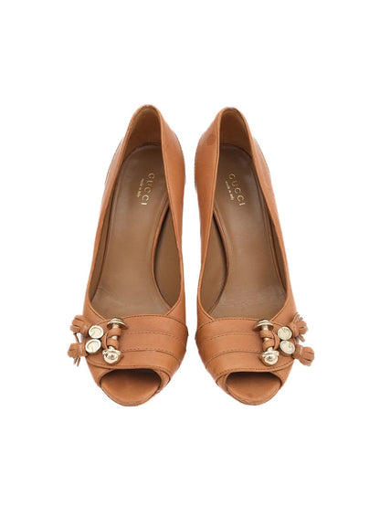 Average Gucci Orange Leather Peep-Toe High-Heeled Pumps Size 36