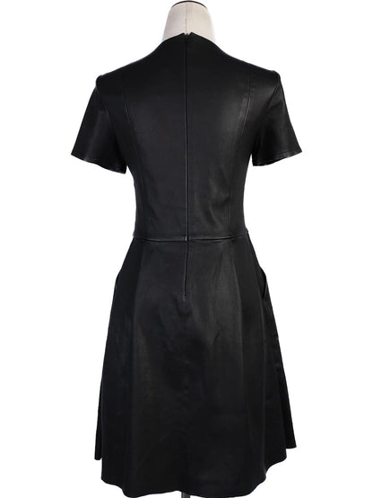 Excellent Punto Black Leather Short-Sleeve Dress Size M