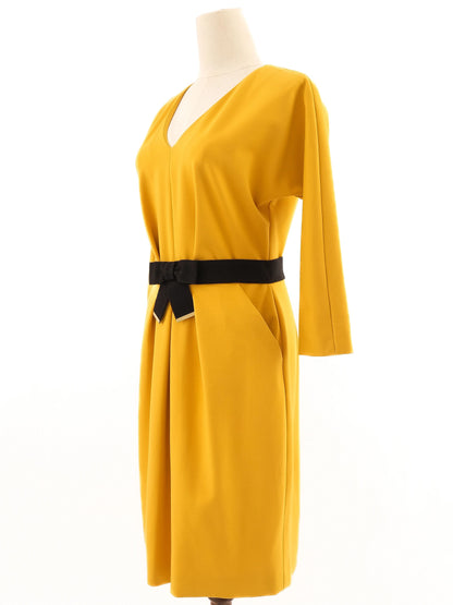 Excellent Luisa Spagnoli Yellow V-Neck Dress Size M with Belt