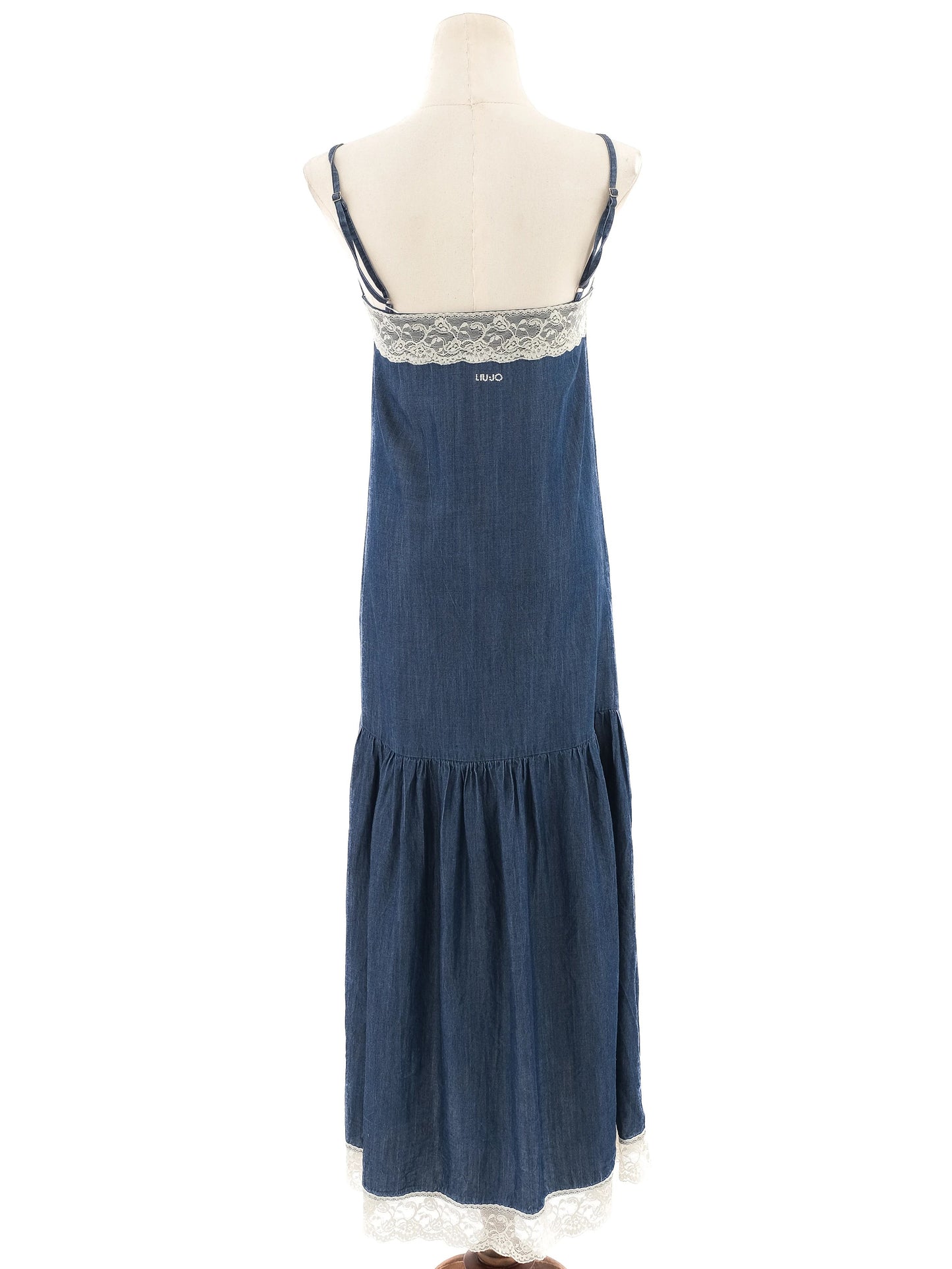 liu jo blue denim dress size s spaghetti straps lace details