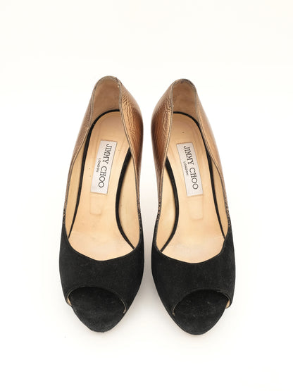 Jimmy Choo High-Heeled Shoes Black Gold Leather Size 37 Excellent