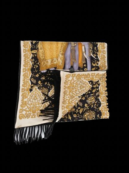 Excellent Feru Silk Scarf Combined Color Gold Black Decorated Elephants