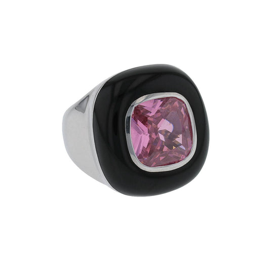 Enamel, pink stone and silver ring