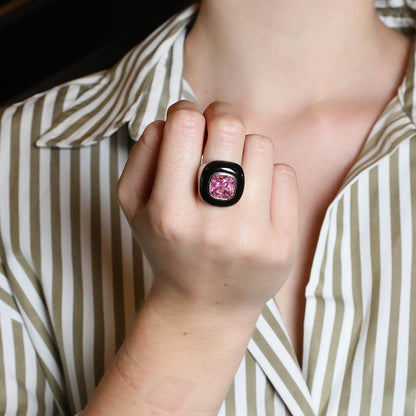 Enamel, pink stone and silver ring
