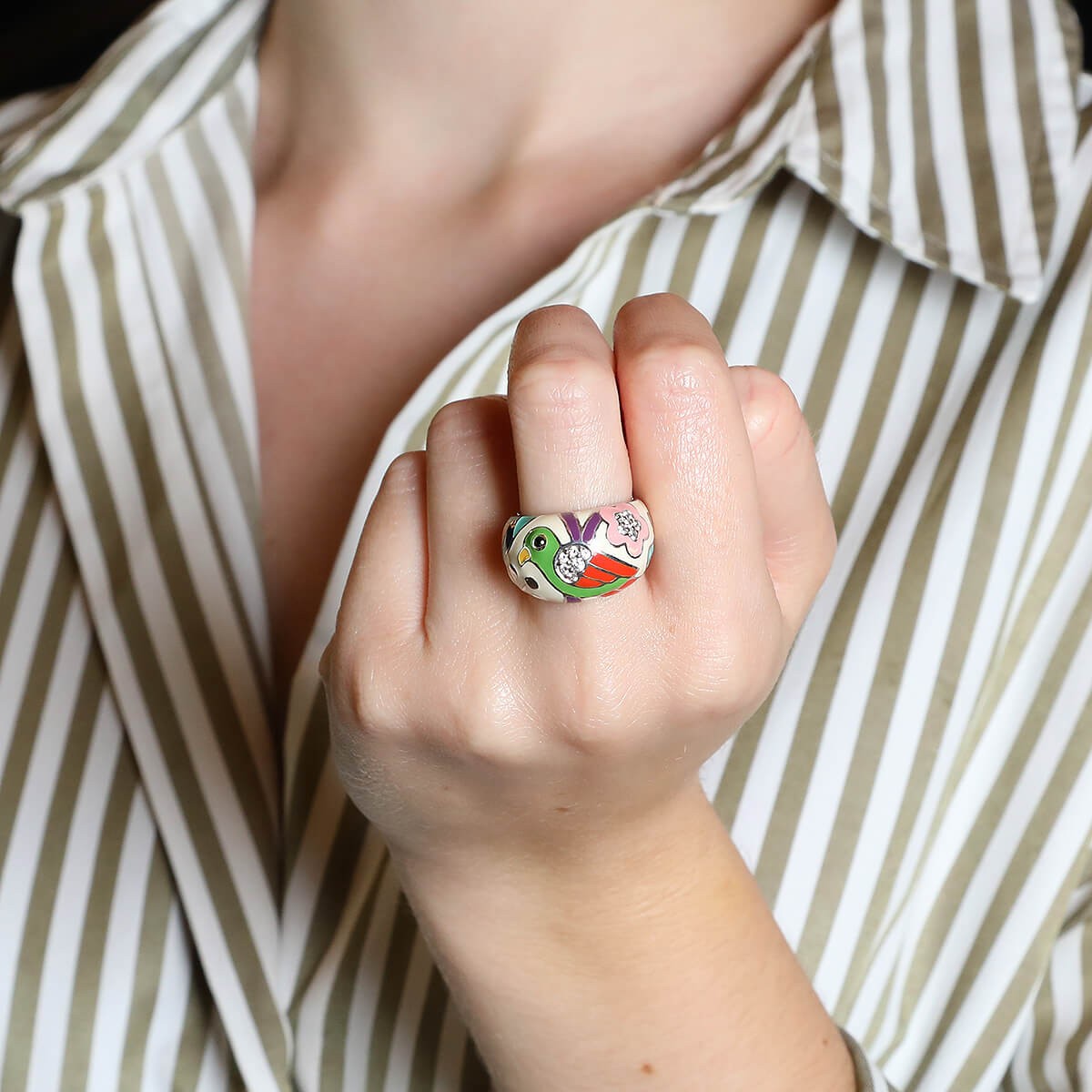 enamel, white stones and silver ring