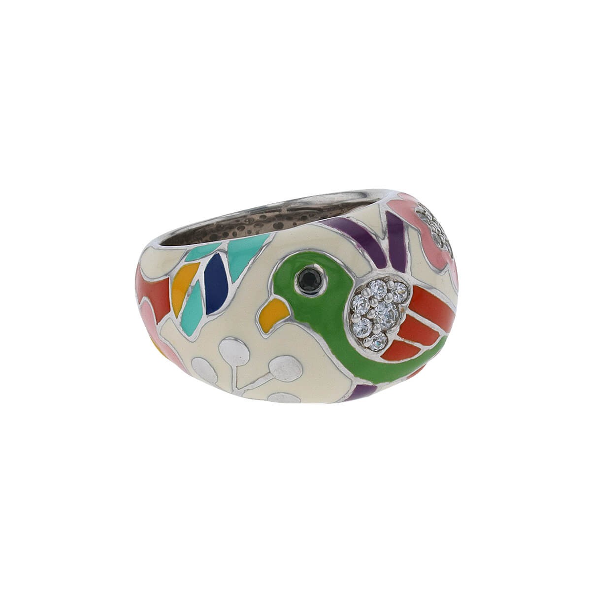 enamel, white stones and silver ring