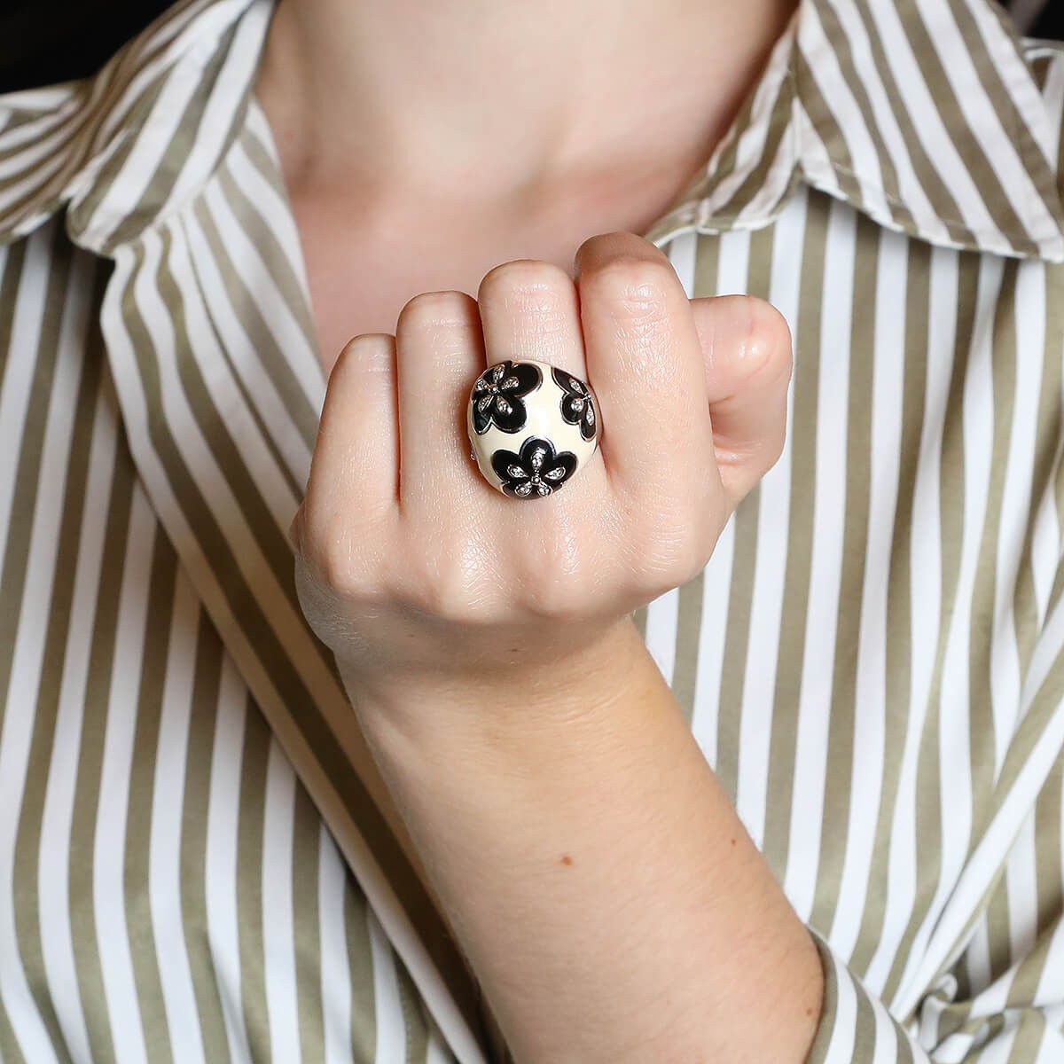 enamel, white stones and silver ring