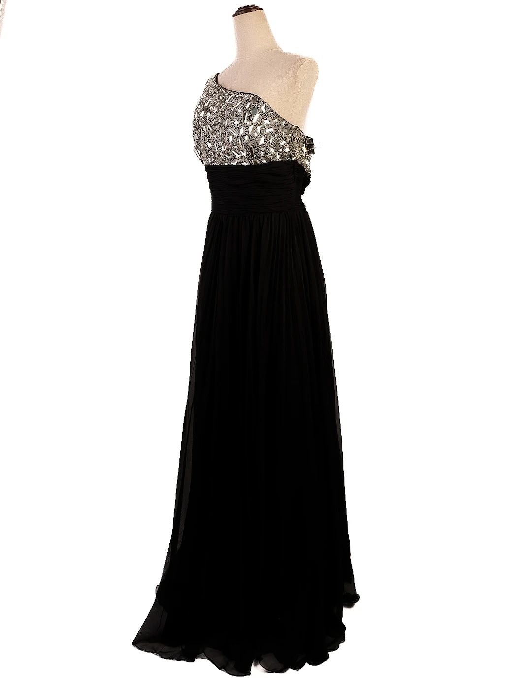 perfect sherri hill black one-shoulder evening gown with silver embellishments