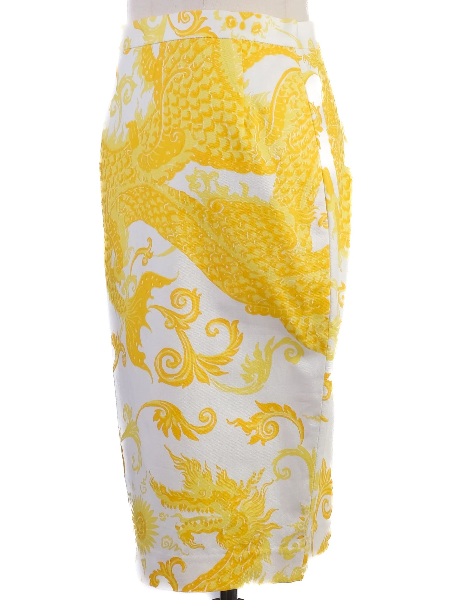 new by malene birger yellow & white pencil skirt xs dragon pattern