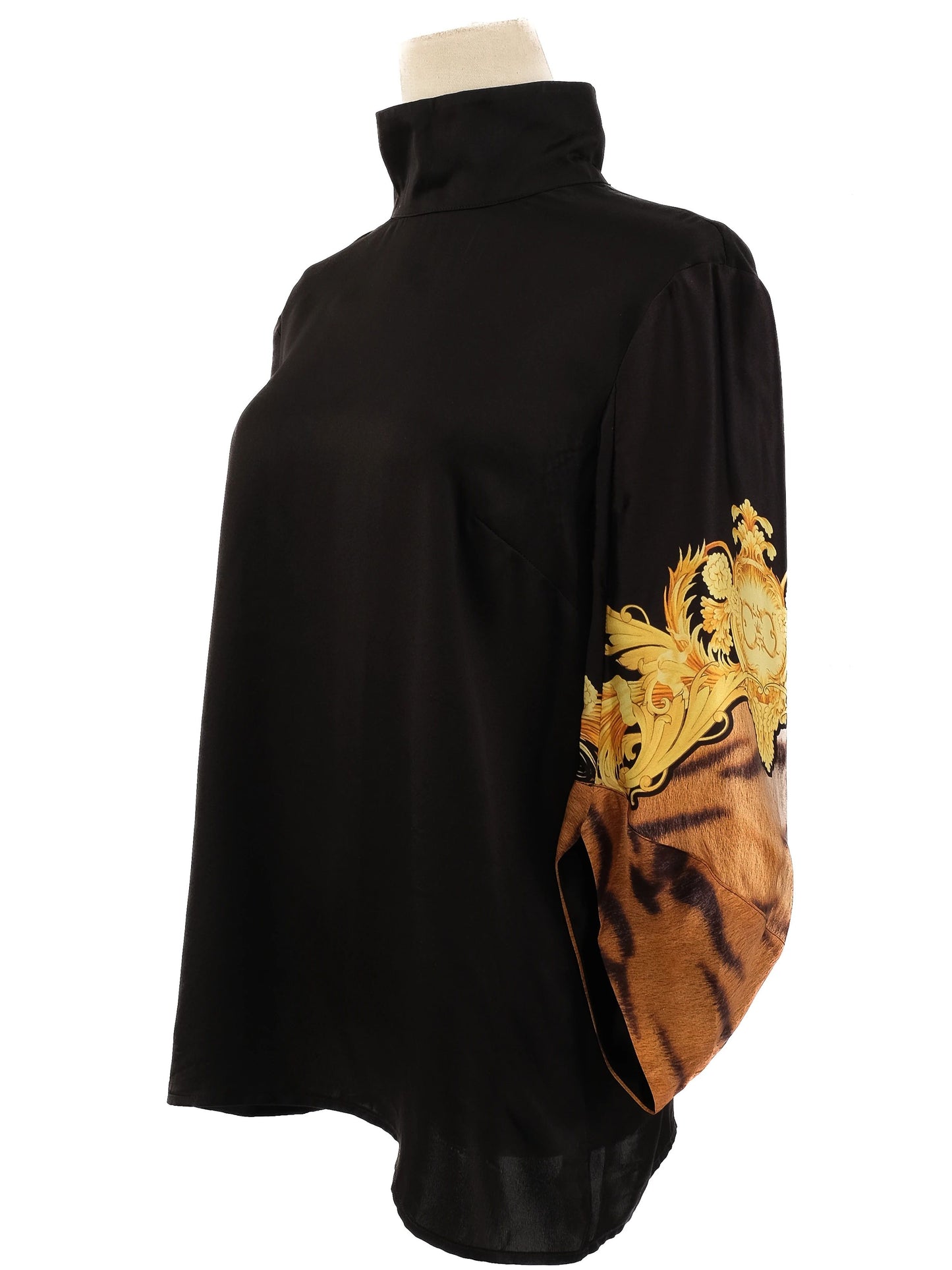 excellent class roberto cavalli black silk shirt size l with gold patterns
