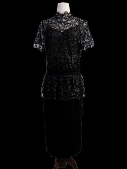 excellent clips black lace dress xl floral overlay peplum waist