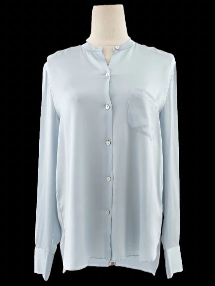excellent vince blue silk long sleeve blouse with pocket