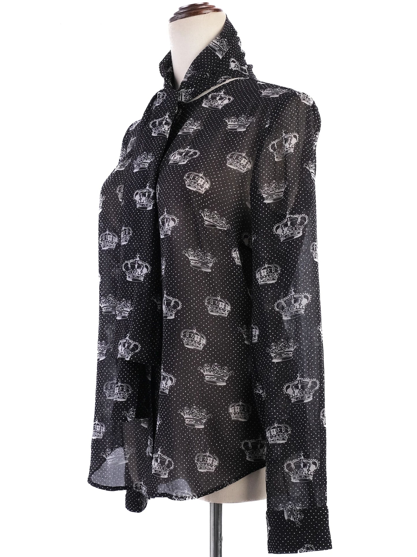excellent red valentino black silk sheer blouse with crown print