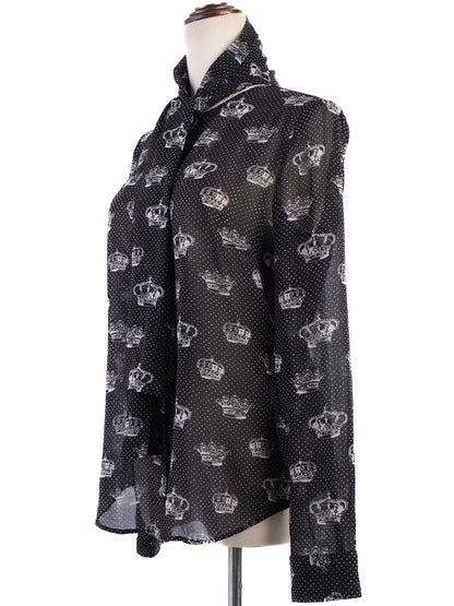 Excellent Red Valentino Black Silk Sheer Blouse with Crown Print