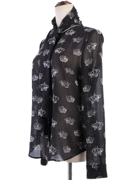Excellent Red Valentino Black Silk Sheer Blouse with Crown Print