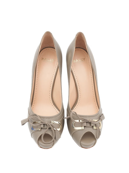Excellent Bally Gray Leather Peep-Toe Pumps Size 37.5 with Bow Accents