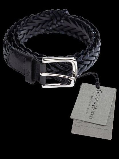 NEW Gieves and Hawkes Black Braided Leather Belt with Silver Buckle