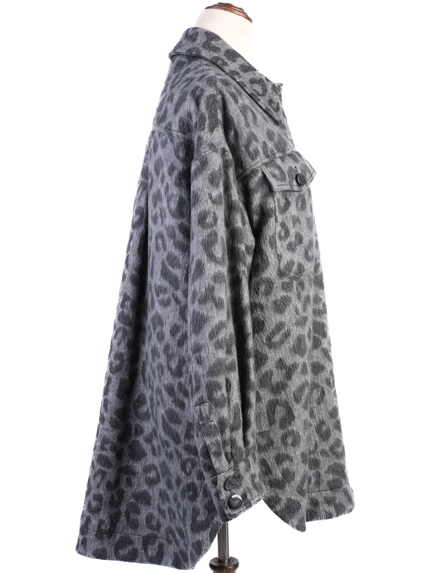ted baker gray leopard print wool jacket with large buttons