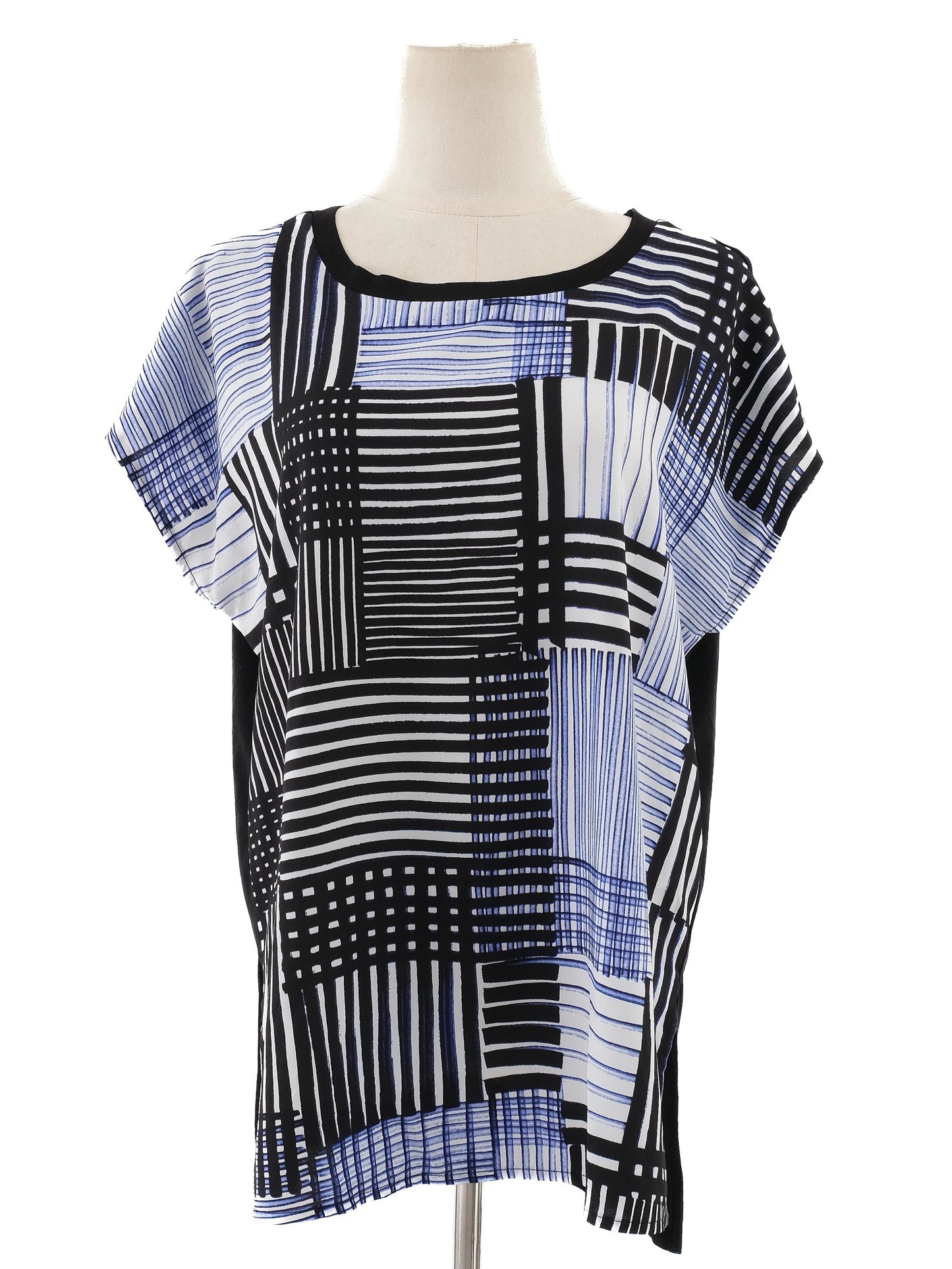 excellent dkny women's top m black white blue geometric pattern
