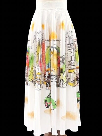 Excellent Vakko Pleated Skirt M Colorful Cityscape Design Polyester