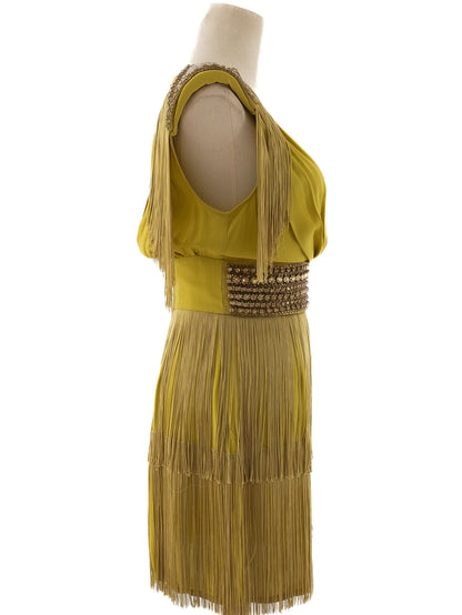 Excellent Elisabetta Franchi Yellow Viscose Dress Size M with Fringe