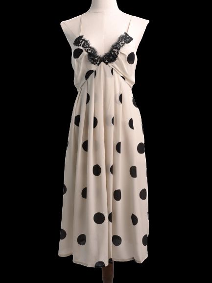 NEW Clips White Polka Dot Silk Dress with Black Lace Size M