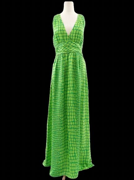 excellent moschino green silk long dress size l v-neck geometric pattern