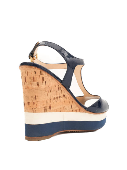 Excellent Prada Blue Leather Wedge Sandals Size 38 with Ankle Strap