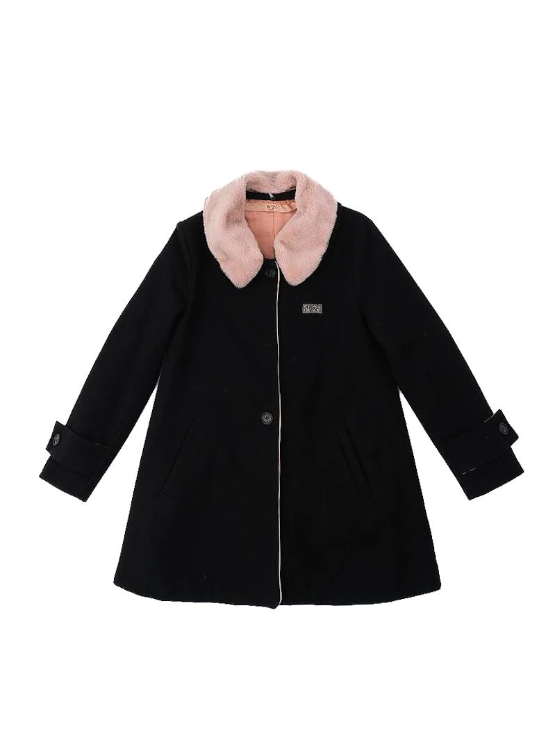excellent n21 black wool coat with pink faux fur collar, size xl