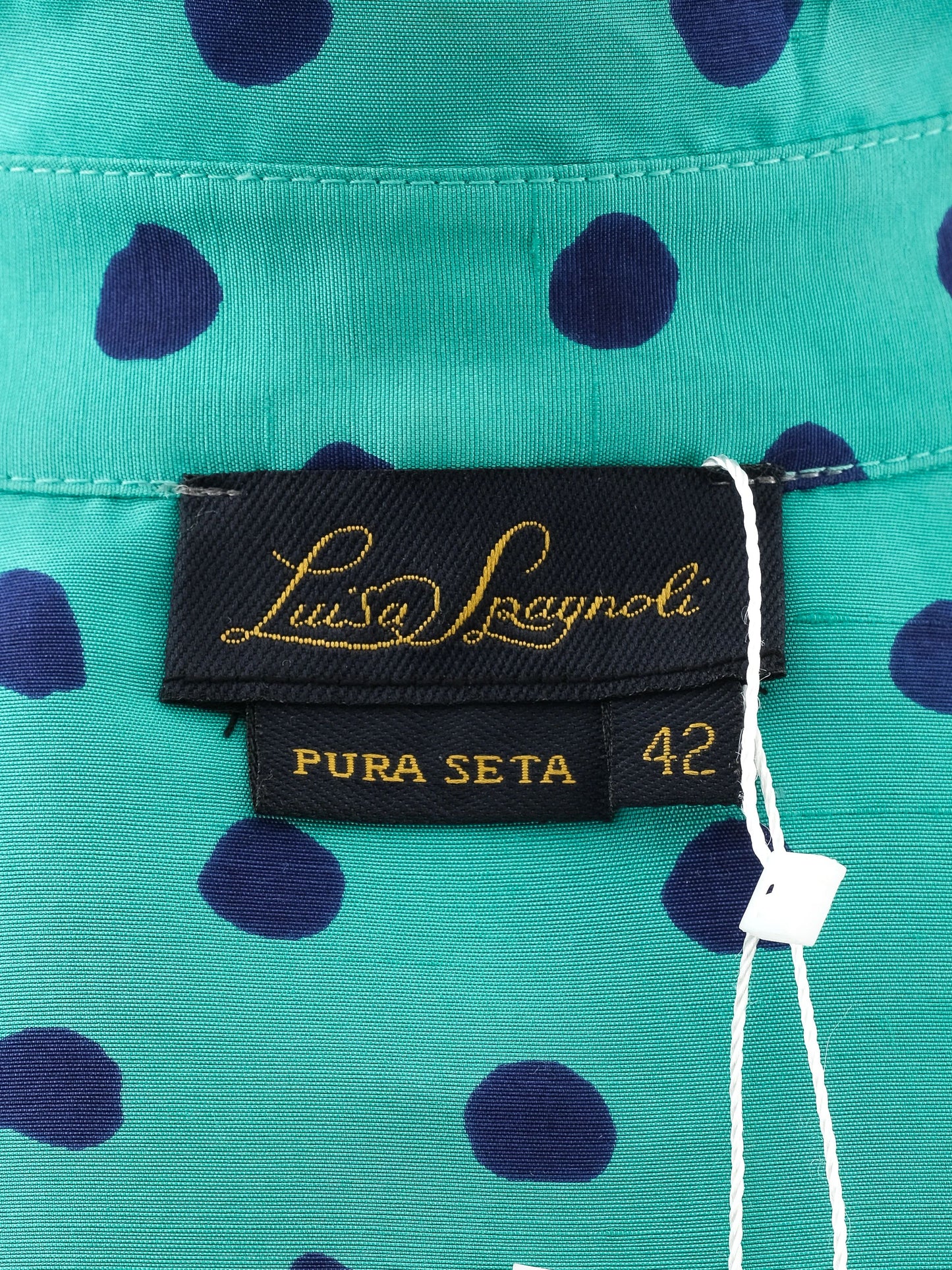 excellent luisa spagnoli blue silk dress size l with polka dots