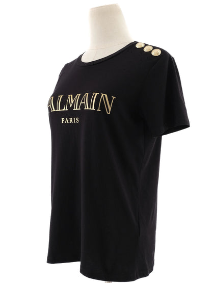 Excellent Balmain Black T-Shirt XS with Gold Print & Buttons