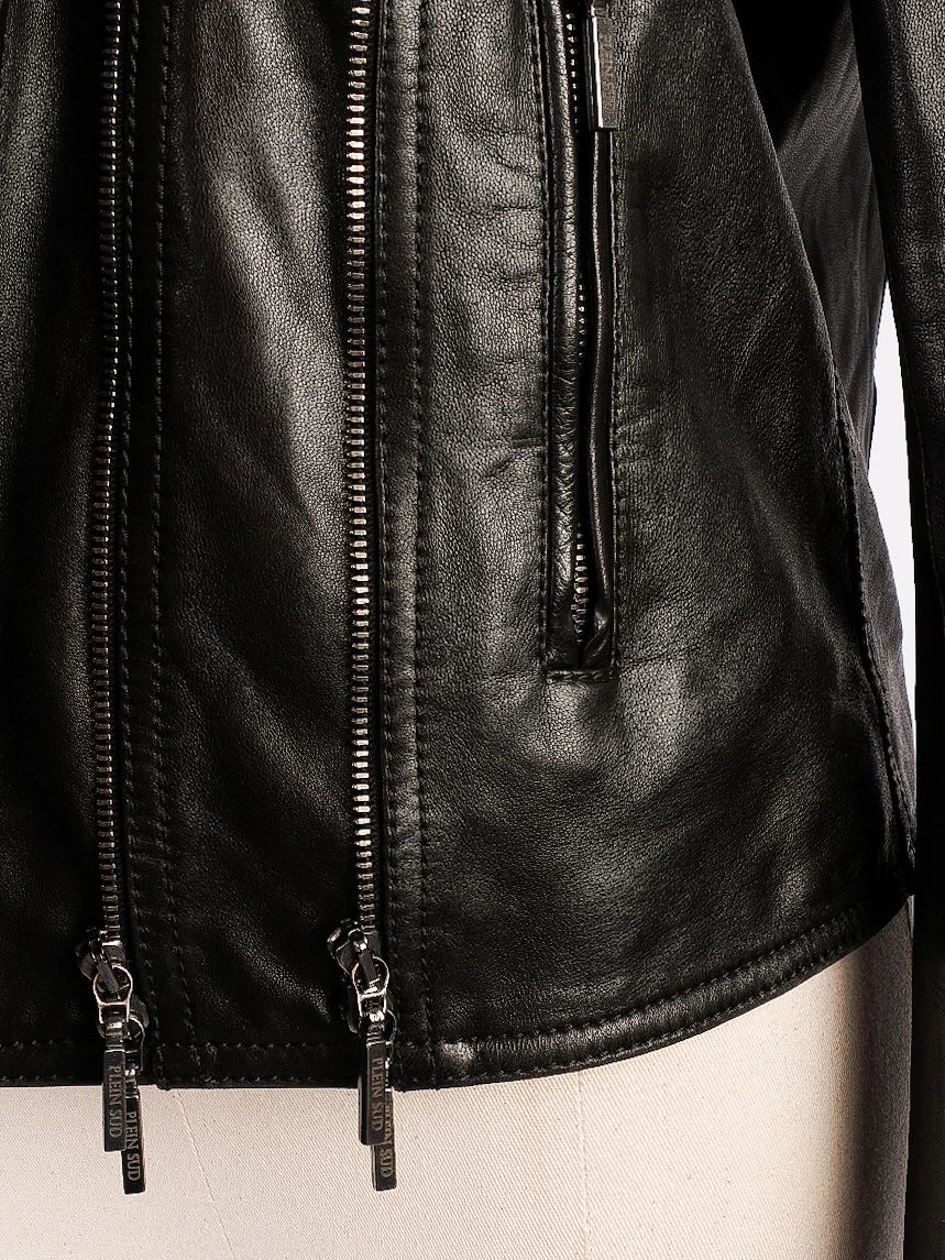 excellent plein sud black leather jacket size s with zipper pockets