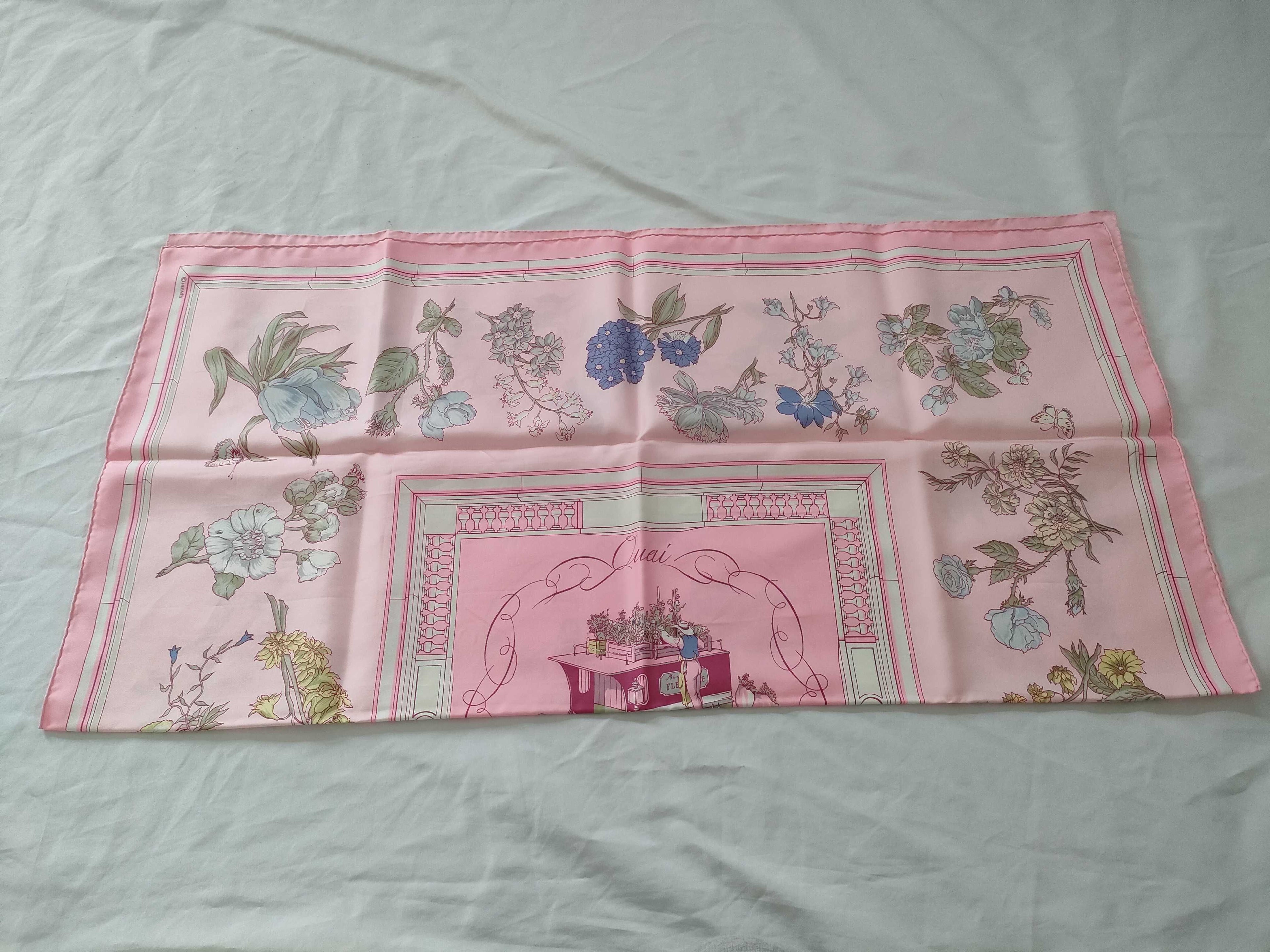Hermes Carr 90 Quai Aux Fleurs Flowering Coastal Avenue Scarf Pink Silk
