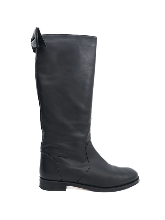 Excellent Red Valentino Black Leather Tall Boots Size 40 with Bow