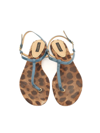 Excellent Dolce Gabbana Leather Sandals Size 38 Blue Leopard Print