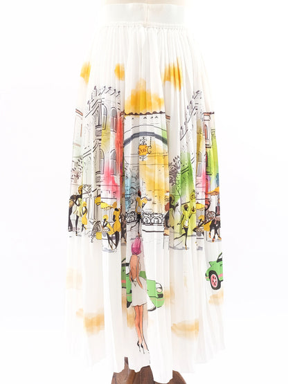 Excellent Vakko Pleated Skirt M Colorful Cityscape Design Polyester