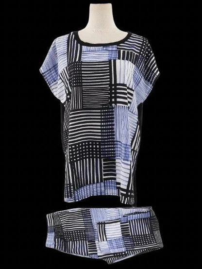 Excellent DKNY Women's Top M Black White Blue Geometric Pattern