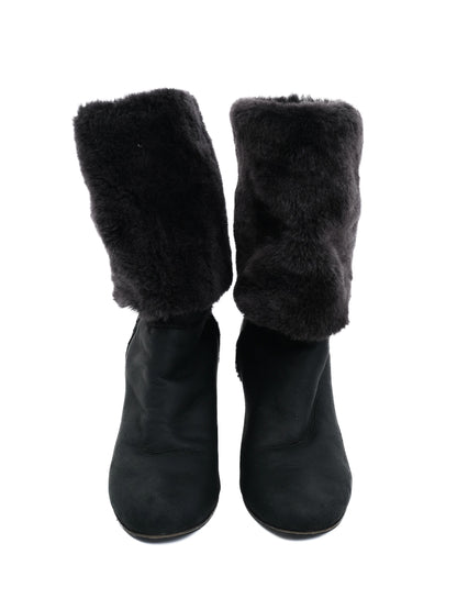 Good Casadei Black Leather Ankle Boots with Fur Cuff, Size 36.5