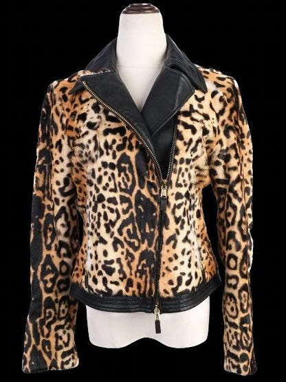 Excellent Etro Leopard Print Leather Jacket with Black Accents Size M