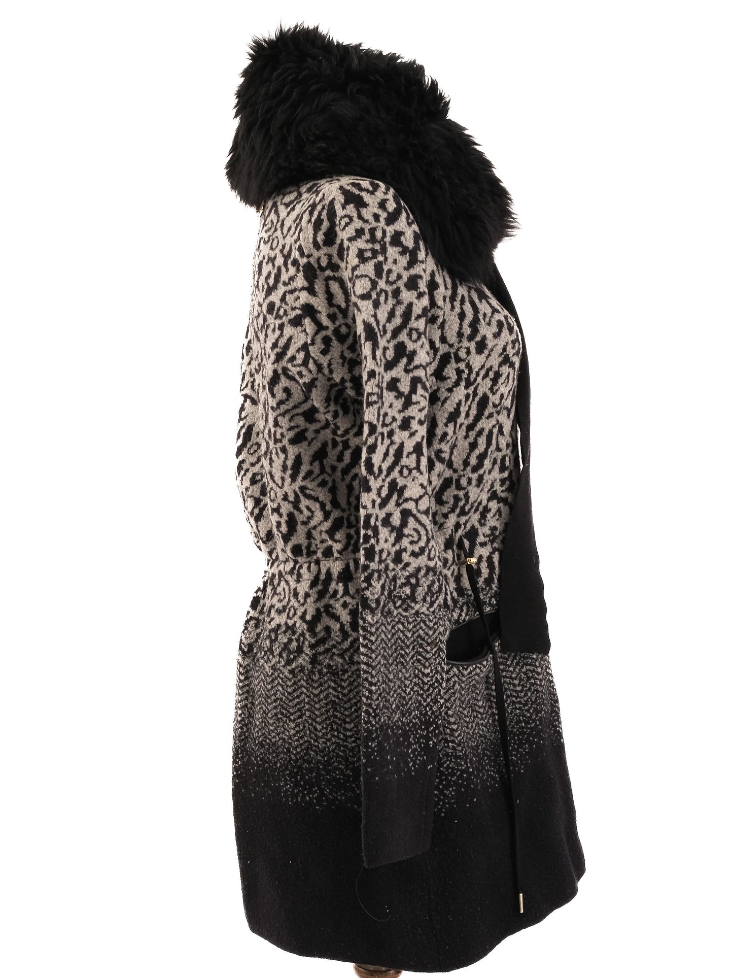 excellent escada women's coat gray black leopard pattern size xs