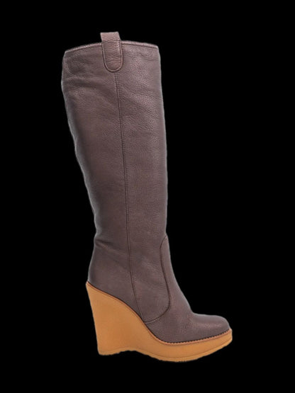 Bally Orange Leather Knee-High Boots Size 37 with Wedge Heel